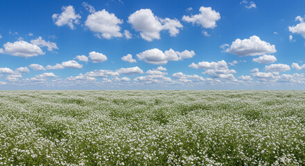 Beautiful Field of White Flowers Under Blue Sky with Clouds in a Sunny Day