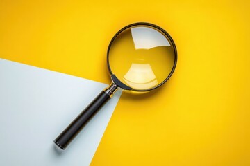 black magnifying glass on bright yellow and white diagonal background showing clear circular lens with light reflections