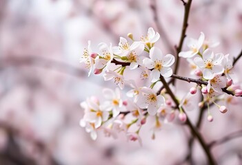 Obraz premium Delicate pastel spring blossoms on flowering branches against a soft, blurred background, flowers, spring