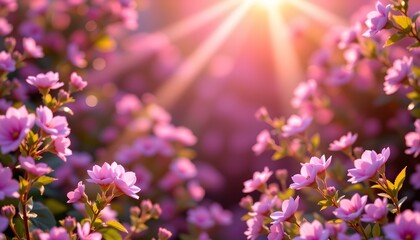 an abundance of pink flowers with sunbeams shining through them, creating a warm and serene atmosphere against a backdrop that suggests early morning or late afternoon