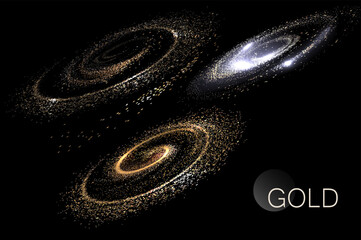 Isolated set of design elements, exquisite sparkling gold tinsel swirl.