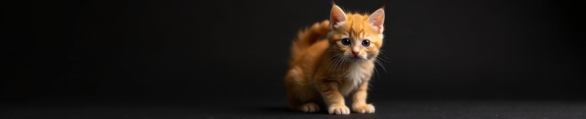 Obraz premium Tiny red Scottish kitten against a dark background , kitten, ginger, adorable