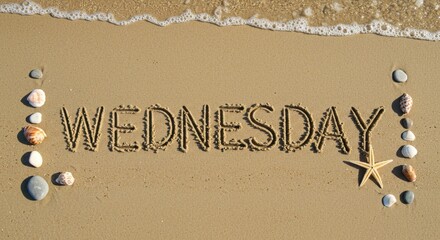 Fototapeta premium Wednesday Beach Day: Seashells, Starfish, and Sandcastles Written in the Sand