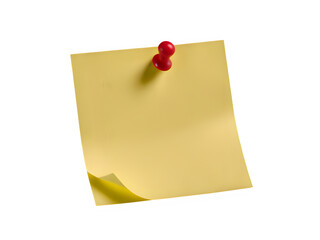 Yellow sticky post it note with red pushpin isolated on transparent background. Generated with AI

