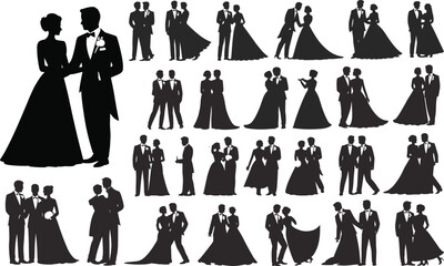 Wedding couple silhouette collection, bride groom pose vector, romantic marriage illustration, elegant formal outfit, love ceremony icon set