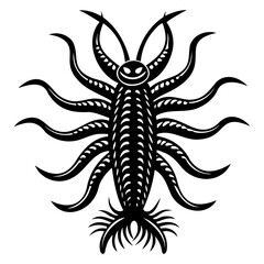 Stylized black and white illustration of a fantastical insect with many legs and antennae on transparent background