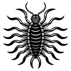 Illustration of a stylized black centipede with many legs and long antennae on transparent background
