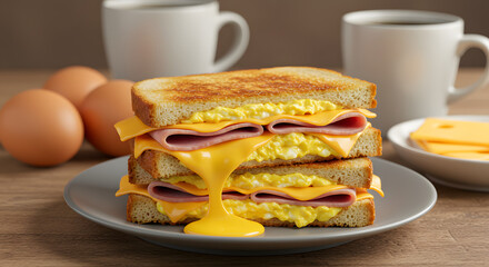 Scrambled Egg and Ham Sandwich with Melting Cheese and Fresh Eggs