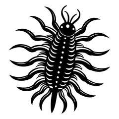 Illustration of a black centipede with many legs and a segmented body design on transparent background