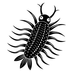 Stylized black and white drawing of a beetle with many legs and antennae design on transparent background