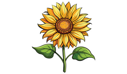 Vibrant single sunflower with green leaves illustration