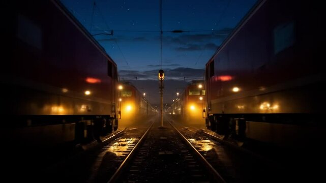 Two red trains facing each other on parallel tracks illuminated at night under a dark blue sky view
