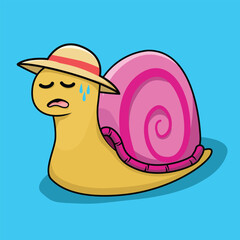 cute snail with straw hat sweating, cartoon in flat style, illustration for summer