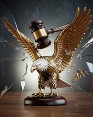 Powerful Wooden Gavel Shattering Glass Around Majestic Golden Eagle Symbolizing Justice and Freedom