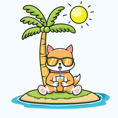 cute dog drinking orange juice under coconut tree, cartoon flat style, illustration for summer