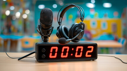 Desktop microphone with headset, LED timer at 00:02 in bright school setting