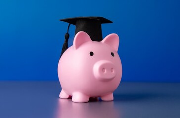 A pink piggy bank and a graduation cap against a solid dark blue background. Education, savings or...