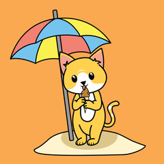 cute cat eating ice cream under umbrella, cartoon in flat style, illustration for summer