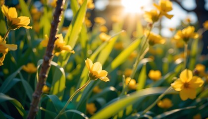 a vibrant scene of nature. in the foreground, there's a grassy area filled with yellow flowers. beyond this lush field, green foliage stretches out, providing a contrasting backdrop