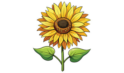 Naklejka premium Vibrant yellow sunflower with green leaves illustration