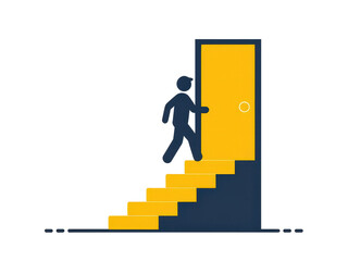 a simple flat 2d icon representing 'onboarding', with a figure icon walking up a small flight of stairs towards an open doorway, minimalist design, solid dark gray and yellow colors