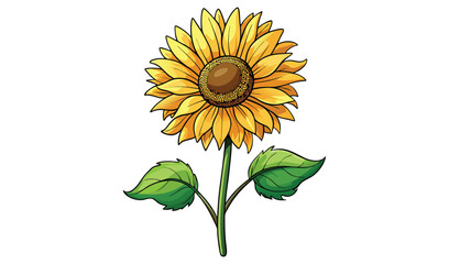 Naklejka premium Vibrant single sunflower with green leaves illustration