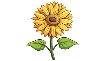 Fototapeta premium Vibrant yellow sunflower with green leaves illustration