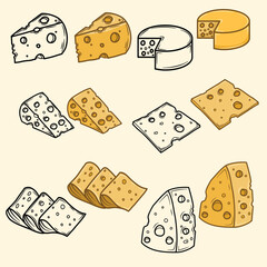 various shapes of cheese in hand drawn, clip art in flat style, food concept illustration