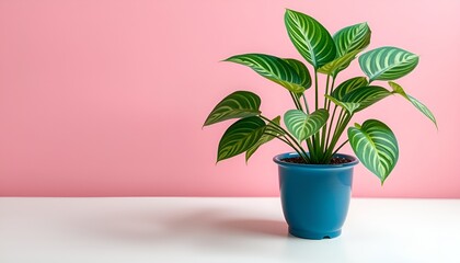 Fototapeta premium Stylized image of a vibrant green houseplant in a blue pot against a soft pink background.