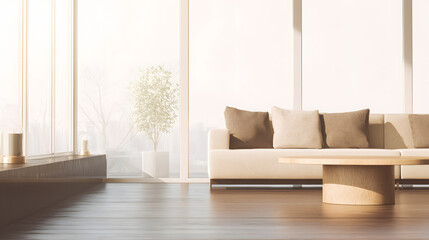 Minimalist living room with clean lines and neutral tones, embodying modern simplicity and serene elegance.
