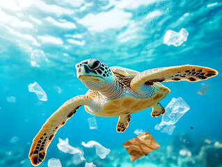Obraz premium plastic pollution awareness, turtle swimming near waste, ocean cleanup concept,