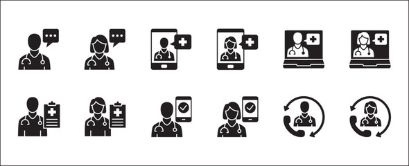 Digital Healthcare icon set. Doctor and health insurance icon. Icon set contains hospital, doctor, consultation, clinic, stethoscope, nurse, family, emergency, online service. Vector illustration.