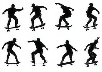 silhouettes of a skateboarder performing a variety of tricks and movements captured in sequential poses on a white background conveying motion and skill