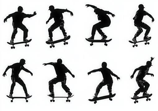 silhouettes of a skateboarder performing a variety of tricks and movements captured in sequential poses on a white background conveying motion and skill