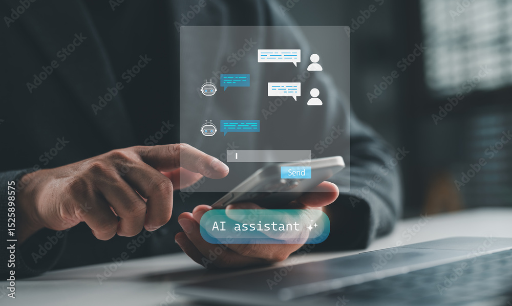 Poster AI assistant conversation, User interacting with smart chatbot on mobile device, simulating virtual assistant interface. Perfect for tech apps, AI customer support and digital communication solutions.