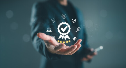 Quality assurance and top service, Businessman holding digital badge with check mark and certification icons. Ideal for trusted brands, product guarantee, high-quality service, ISO standards.