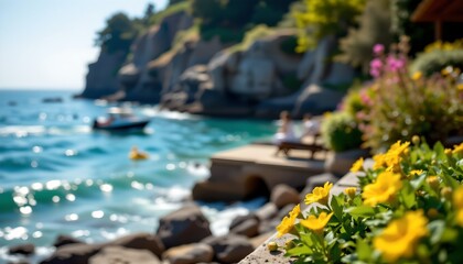 a serene coastal scene with natural elements like cliffs, rocks, flowers, and foliage. there's a clear blue sky in the top left corner