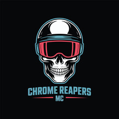 Vector graphic of a cyberpunk skull head with neon visor helmet, with tagline: “Chrome Reapers MC”