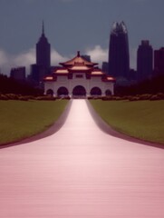 Obraz premium A pinkish pathway leading to a temple in a city