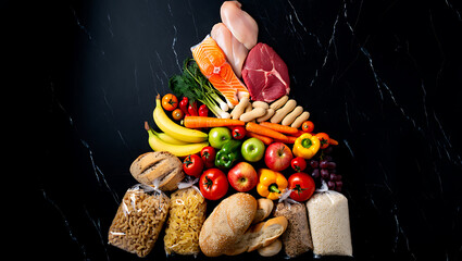 A colorful and diverse pyramid of fresh fruits vegetables and various food groups