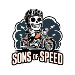 Cartoonish vector logo of a grinning skull riding a chopper, thick outlines and high contrast, playful but dark vibe, tagline: “Sons of Speed”