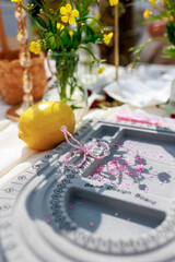 Hobby concept.Tablet for making jewelry with the work process.Top view.