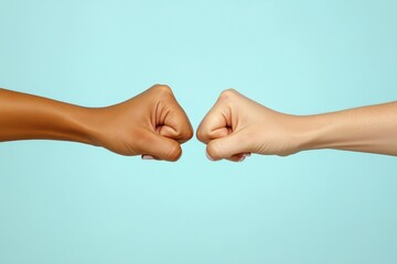 Two diverse hands making a fist bump against a light blue background symbolizing unity and friendship