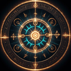 Obraz premium Ethereal magical circle with glowing symbols and intricate designs radiating vibrant blue and orange light against a dark background creating an otherworldly atmosphere.