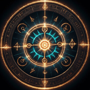 Ethereal magical circle with glowing symbols and intricate designs radiating vibrant blue and orange light against a dark background creating an otherworldly atmosphere.