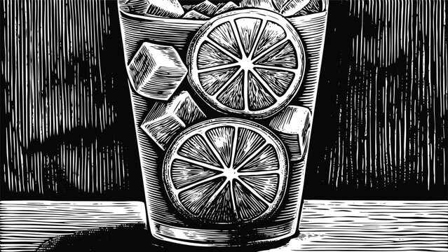 Black and White Ink Illustration of Lemon Iced Tea Glass Hand-Drawn Refreshing Beverage Artwork