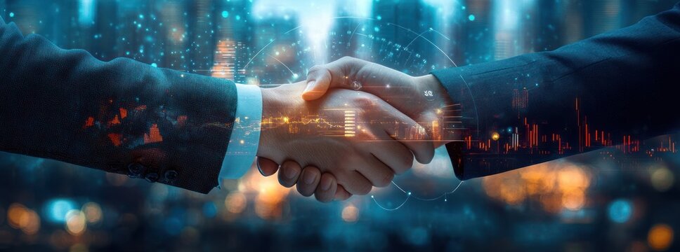 Two business professionals shaking hands with digital data and cityscape overlays symbolizing agreement, cooperation, and technology integration in a modern urban setting