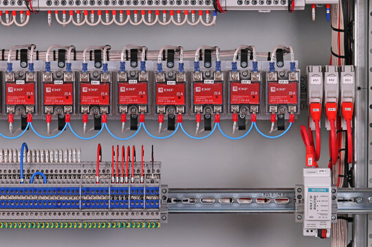 Solid-state relays for electrical load management from EKF. Mounted on a metal dynrake in the DKC electrical control panel. 