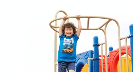 A smiling boy hangs from monkey bars on a playground with a white sky above