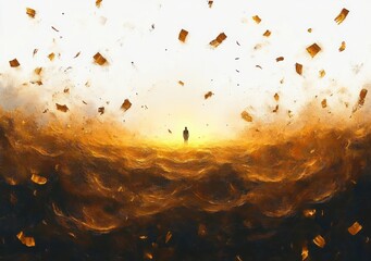 Silhouette of a person standing amidst a swirling, fiery, abstract landscape with glowing golden hues and floating fragments under a bright and glowing sky